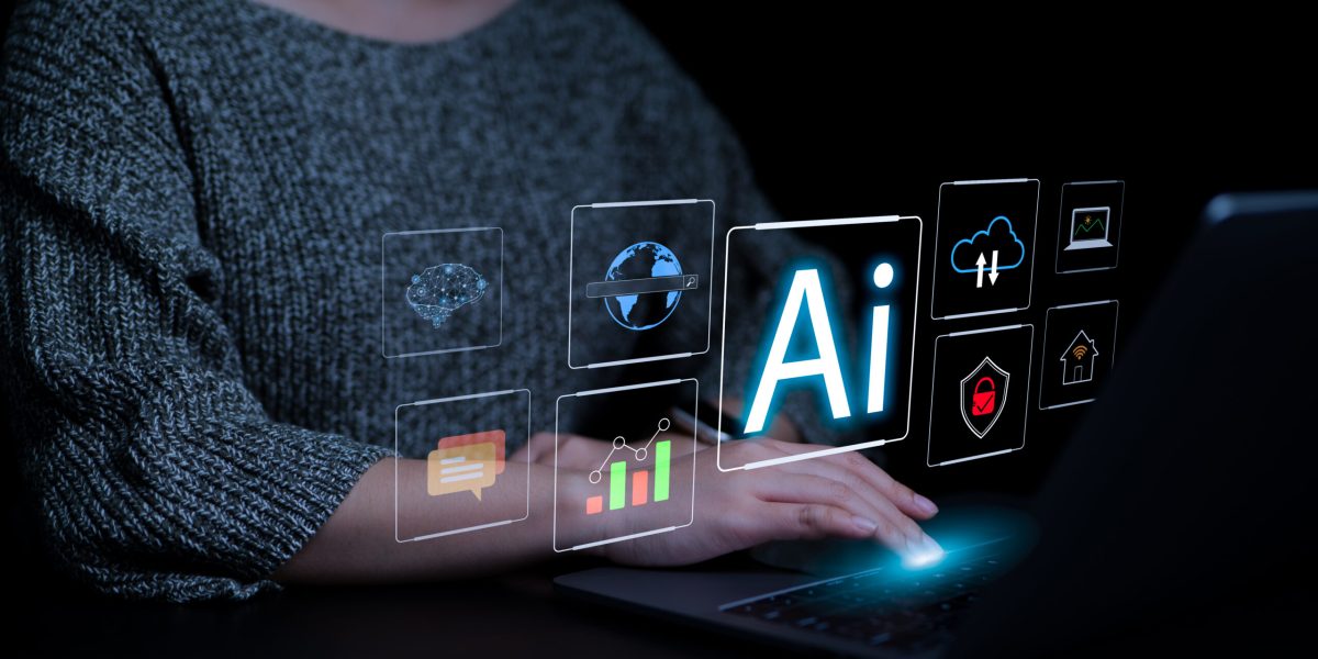 AI technology concept. Woman use AI to help work or use AI everyday life at home. AI Learning and Artificial Intelligence. Business, modern technology, internet and networking, Chat Ai, Chat Bot,